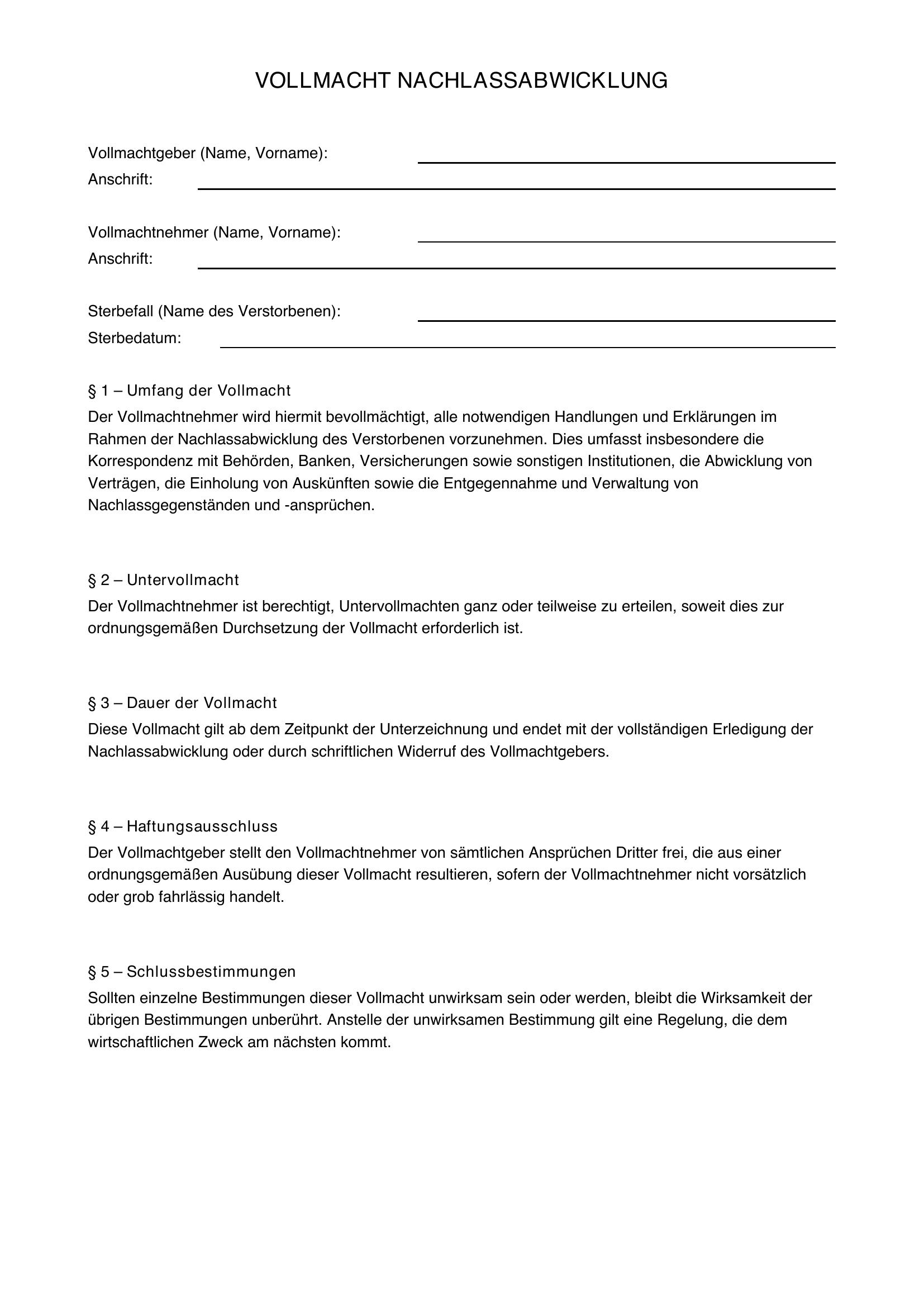 Vollmacht Nachlassabwicklung Muster