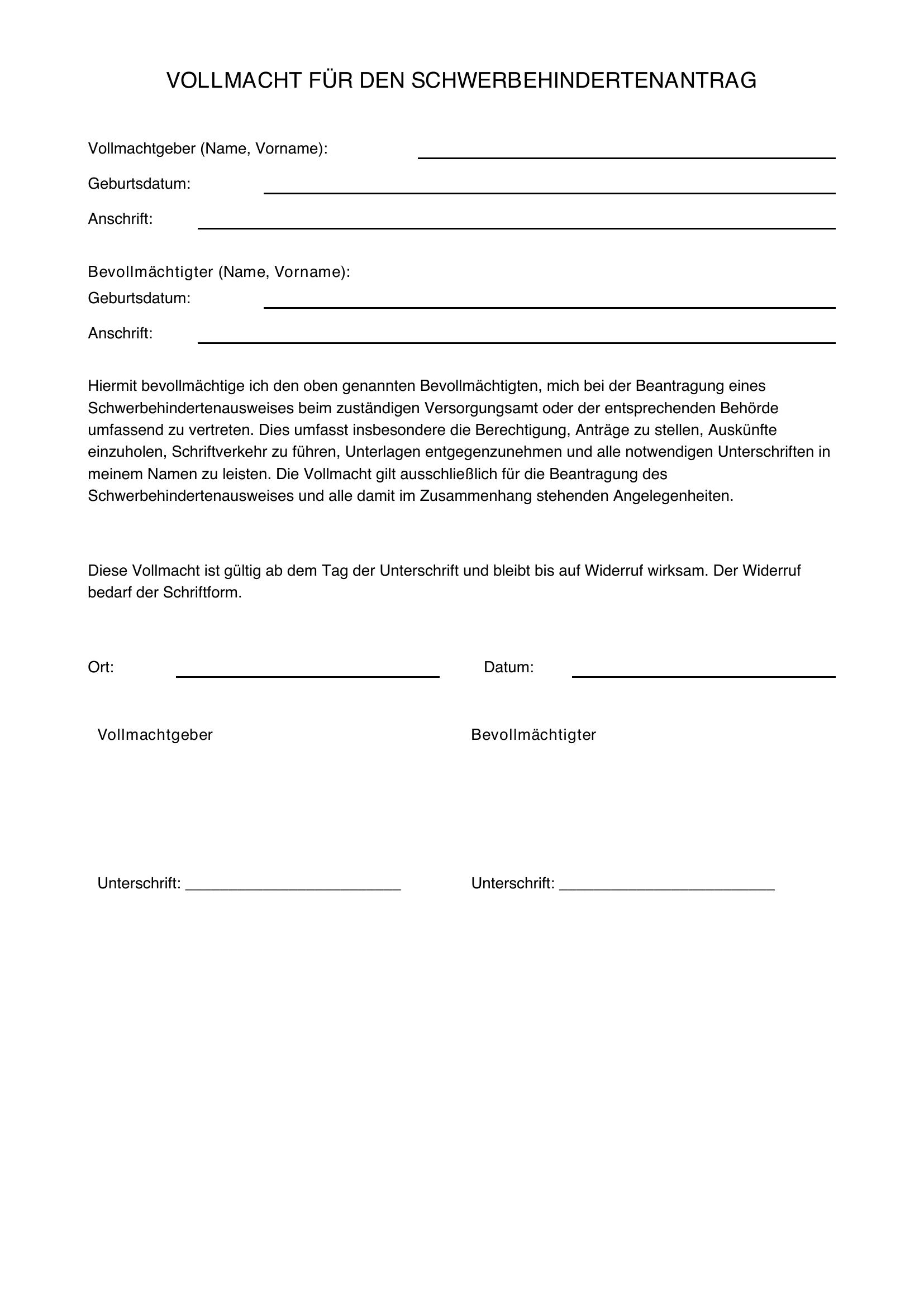Vollmacht Schwerbehindertenantrag Muster