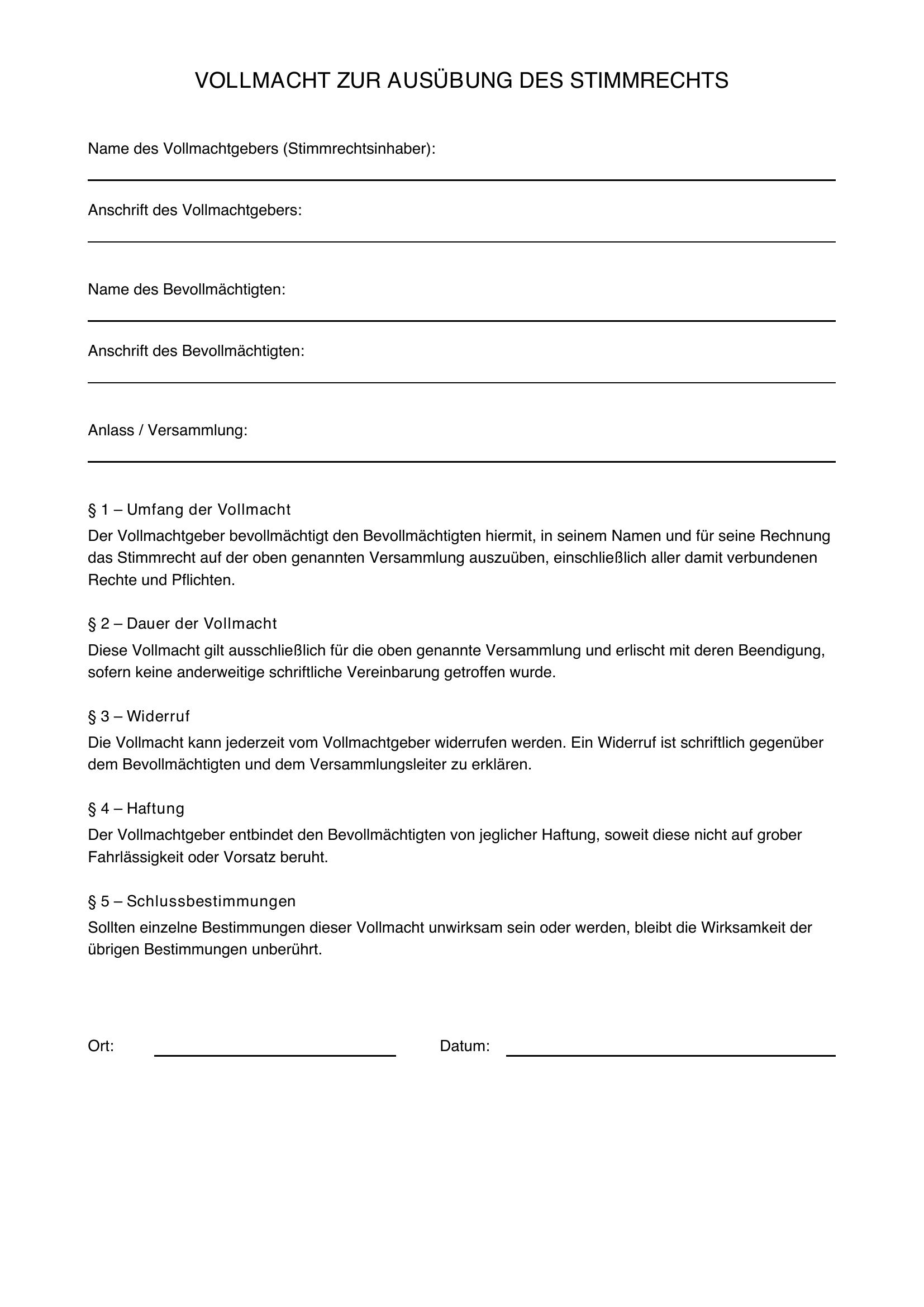 Vollmacht Stimmrecht Verein Muster