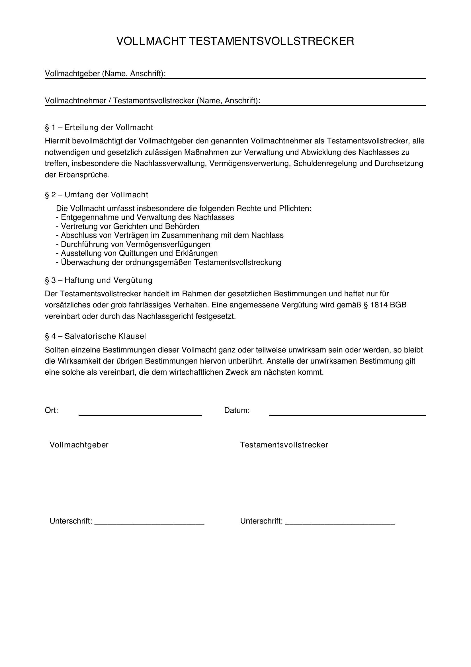 Vollmacht Testamentsvollstrecker Muster