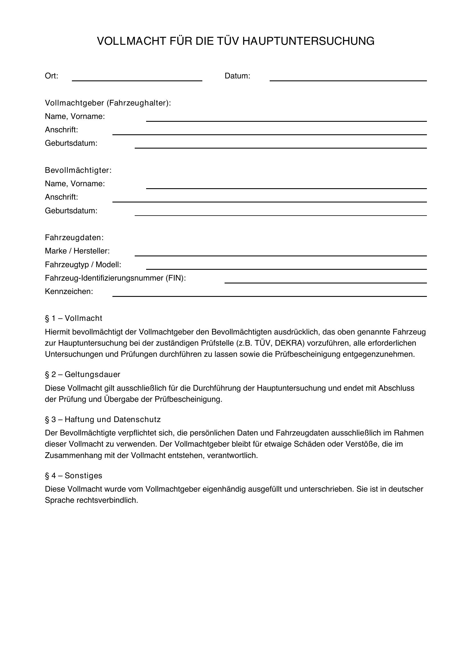 Vollmacht Tüv Hauptuntersuchung
