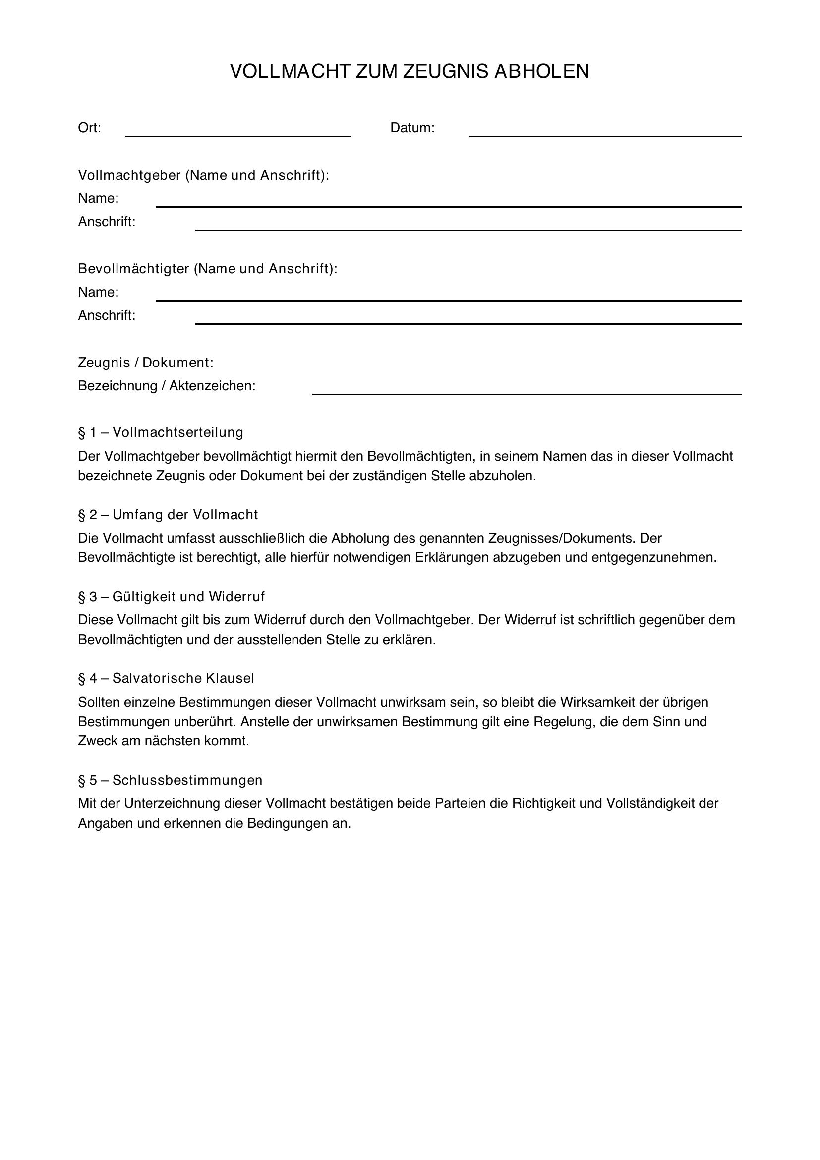 Vollmacht Zeugnis Abholen