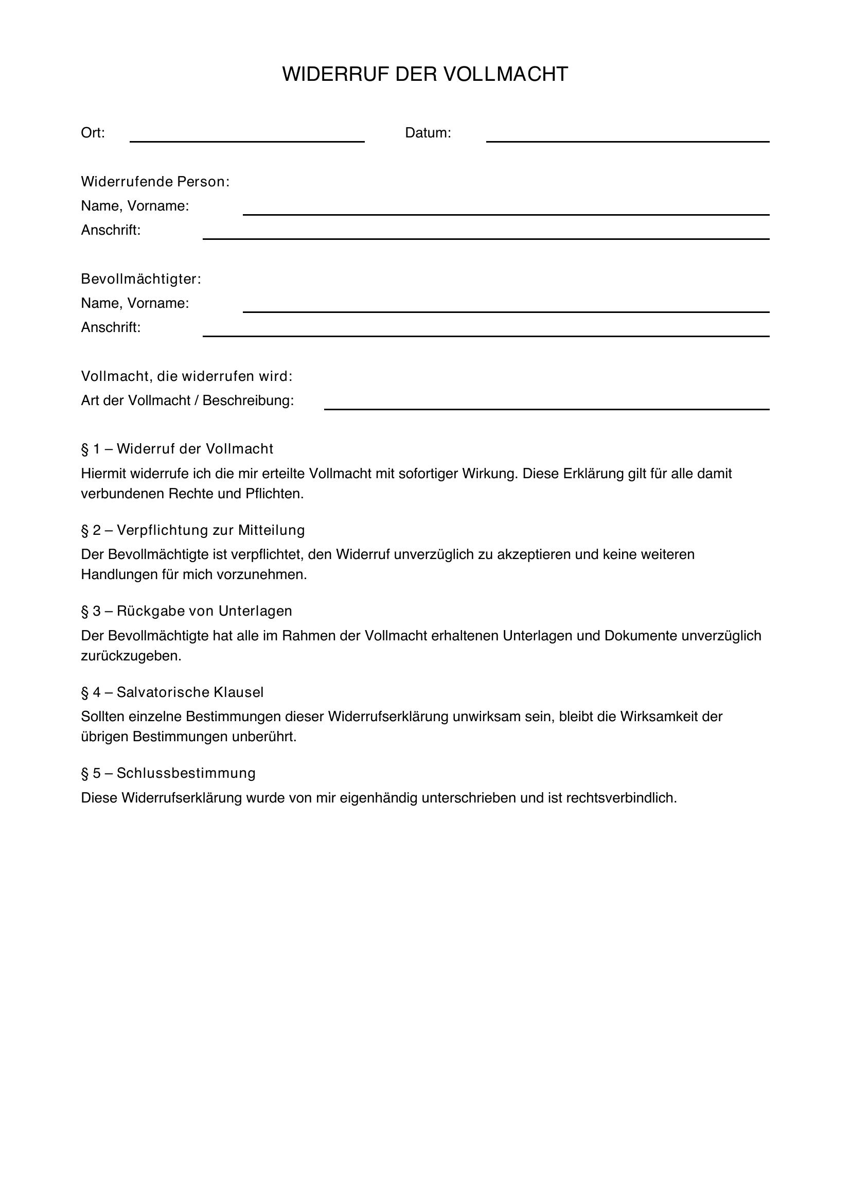 Widerruf Vollmacht Vorlage