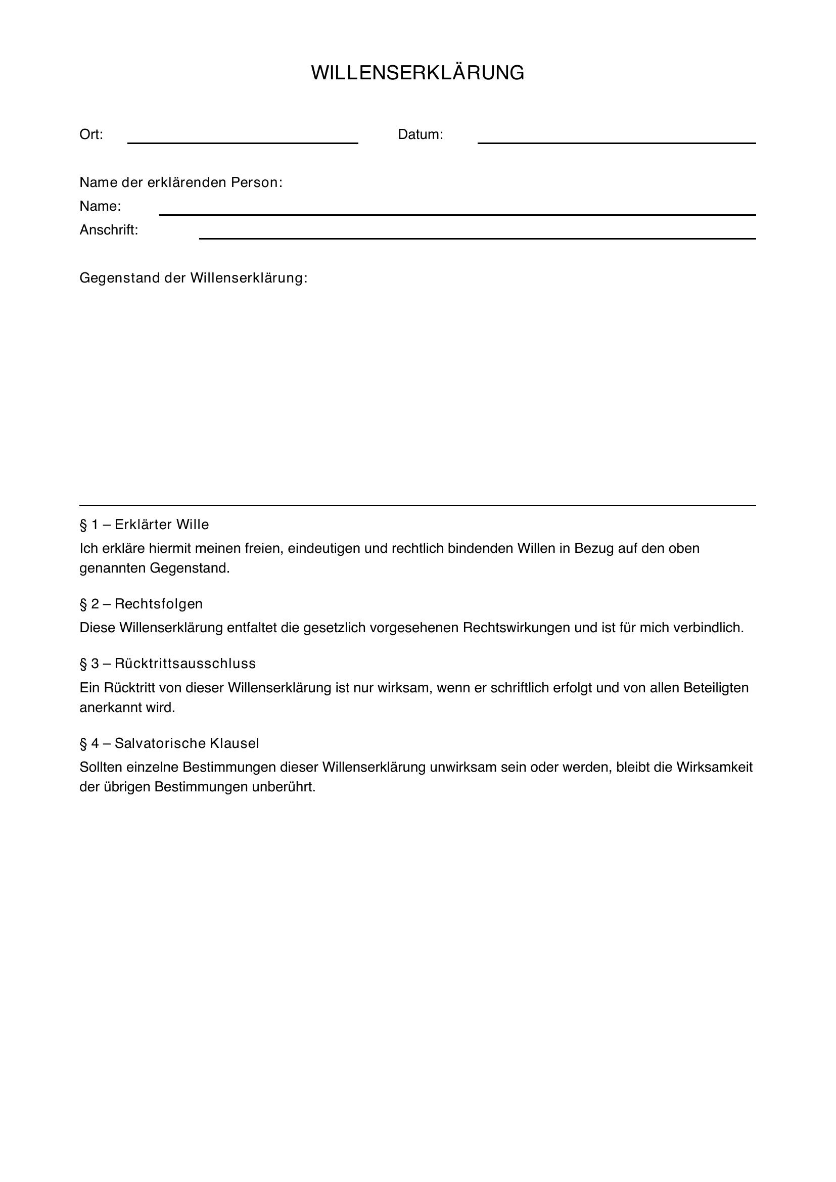 Willenserklärung Vorlage