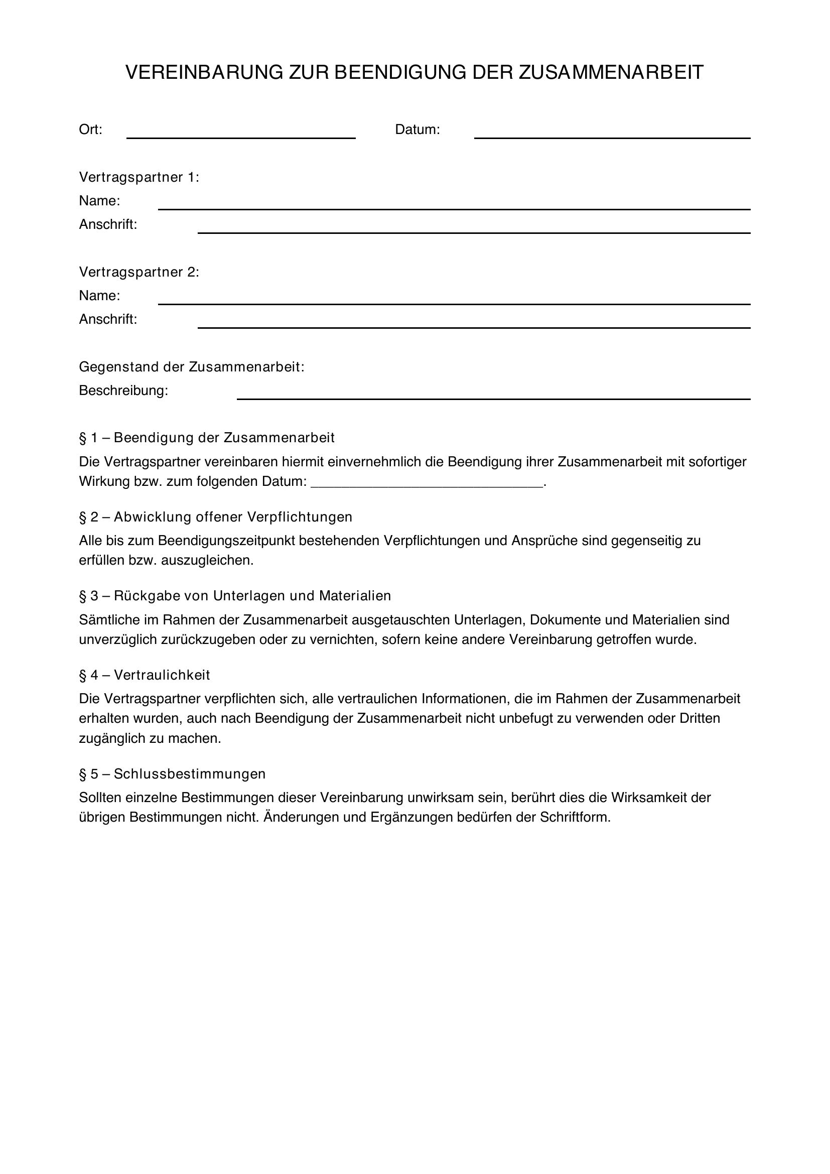 Zusammenarbeit Beenden Vorlage